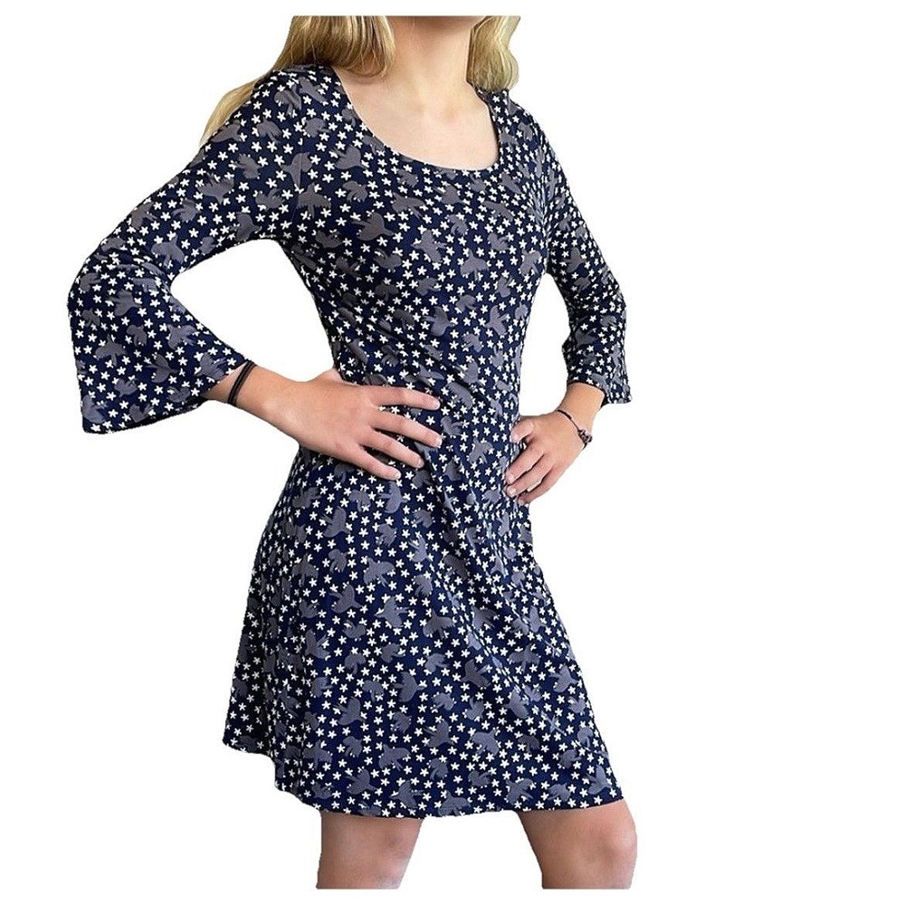 Boden Dress Womens Bird Star Print Flare Sleeve Stretch Knee Length Boho Size 4